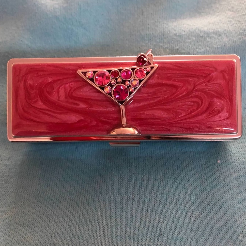 Fashionable Lipstick Case Holder with Mirror - Pink Martini Faux Rhinestones